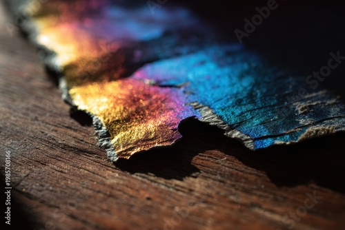 Close Up Macro View of Iridescent Metallic Fragment with Rainbow Color Spectrum Reflecting Light on Dark Wood Surface Detailed Texture