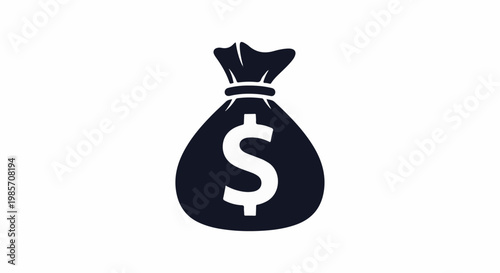 A simple graphic icon of a dark blue bag tied at the top with a white dollar sign