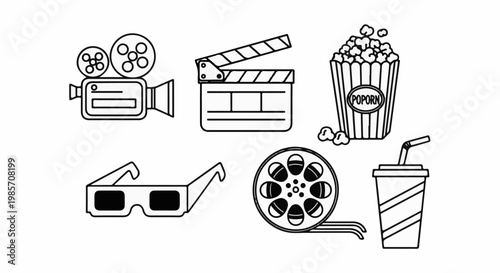 A set of simple line art icons representing movie theater items