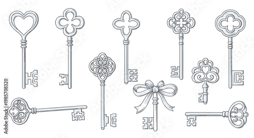 Variety of detailed line drawings of vintage keys with ornate handles and different mechanical teeth patterns.