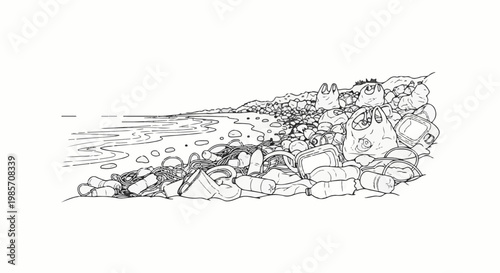 A shoreline littered with plastic bags, bottles, and containers, next to a calm sea