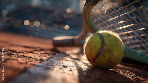 Close up of a sunlit tennis ball resting on a clay court beside a racket with stadium background and blurred lights suggesting a match atmosphere