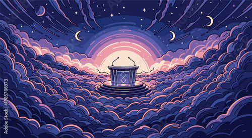 A pixel art podium sits on a circular platform surrounded by a sea of clouds under a starry night sky