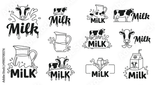 Variety of creative milk-themed labels and logo designs featuring cows, dairy jugs, and splashing white liquid.