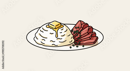 A simple illustration of a plate with mashed potatoes, melted butter, and sliced meat