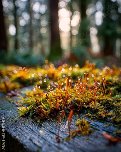 Close up of vibrant green moss adorned with sparkling water droplets on rough wooden surface bathed in soft golden sunlight filtering through forest trees creating a magical bokeh effect