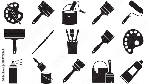 Paintbrush palette icons set with brushes, rollers, cans, and creative tools in solid black silhouette style