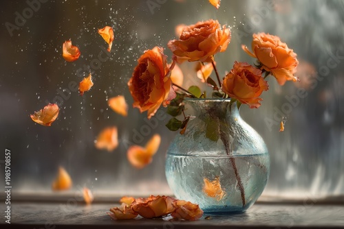 Close-up of vibrant orange roses with water droplets in a clear blue glass vase on a windowsill with falling petals and soft diffused light creating a romantic and delicate atmosphere