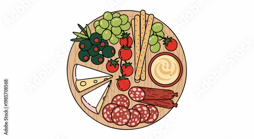 A round wooden board displays a charcuterie assortment with cheese, olives, grapes, tomatoes, and dips
