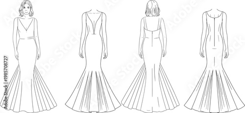 Elegant mermaid evening gown set, women long dress collection, front and back views, fashion technical line drawings – vector illustration