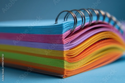Colorful Spiral Notebook Open Showing Vibrant Rainbow Pages Stacked Against a Textured Blue Background with Soft Lighting