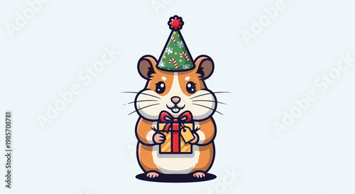 Adorable hamster in festive hat holds a gift with a tag
