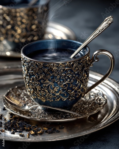 Elegant dark blue teacup with ornate gold filigree and a silver spoon rests on a decorative silver tray with loose tea leaves creating a luxurious and inviting atmosphere with gentle steam rising