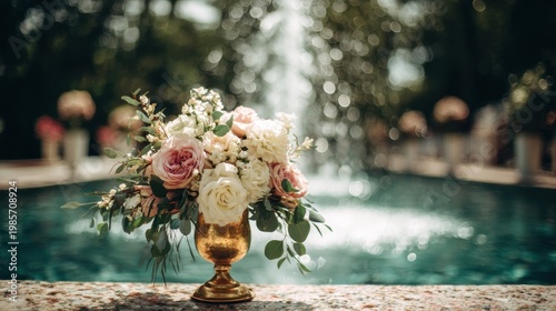 Elegant floral arrangement with pink and white roses in a golden urn by a sparkling water fountain outdoors during daytime with lush greenery and soft bokeh background