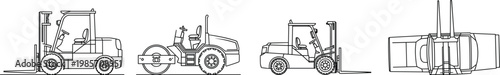 Forklift truck technical drawings set, side and top views with industrial vehicle details, warehouse equipment outline collection – vector illustration