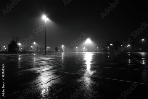 Empty dimly lit parking lot at night with streetlights illuminating wet asphalt reflecting light under a foggy sky creating a dramatic and moody atmosphere
