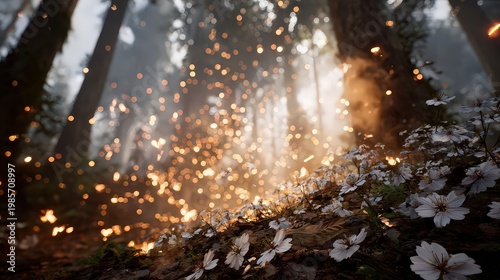 Enchanting Forest Floor with Delicate White Flowers and Magical Glowing Embers Amidst Towering Trees and Sunbeams