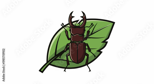 Brown stag beetle with large antlers on a green leaf