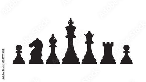Chess pieces set of black silhouette icons showing king, queen, rook, bishop, knight, and pawn for strategy games
