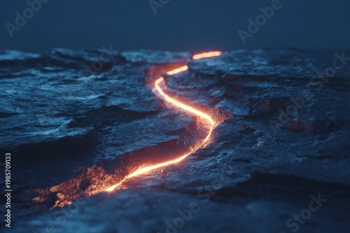 Fiery Lava Flow Illuminates Dark Volcanic Landscape at Dusk With Glowing Orange Streaks on Textured Rocky Terrain Under a Deep Blue Night Sky
