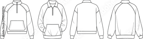 Half zip sweatshirt styles with kangaroo pocket and raglan sleeves, casual pullover design variations, clean apparel outline – vector illustration