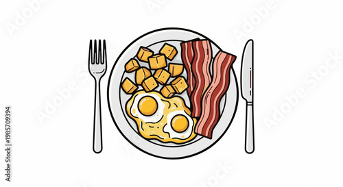 A hearty breakfast with fried eggs, crispy bacon, and golden potatoes
