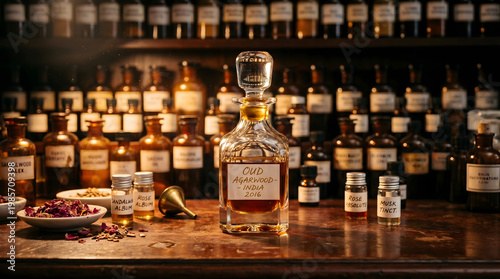 A vintage artisanal perfume workshop featuring a central crystal decanter of precious Indian Oud Agarwood surrounded by essential oils, musk, and rose petals on a workbench.