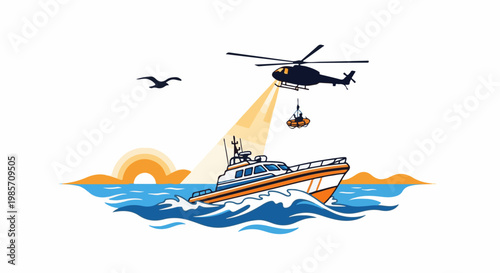A helicopter aids a rescue boat during a sunset over the ocean, with a bird flying