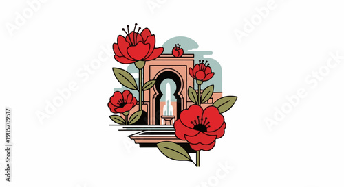 Stylized red flowers bloom near a fountain and arched facade