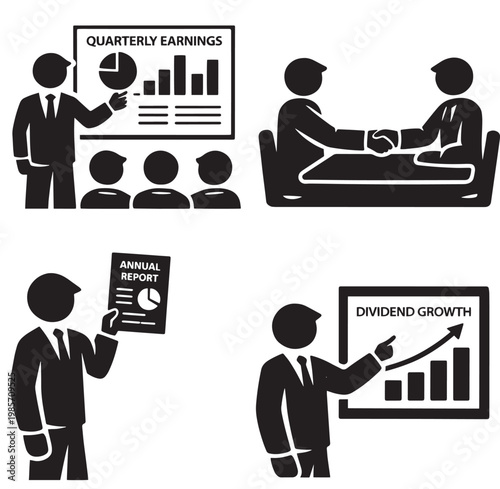 Business reporting icons showing quarterly earnings handshake annual report and dividend growth in silhouette style
