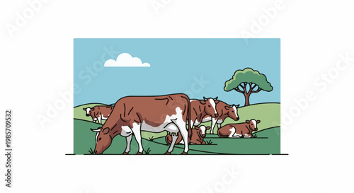 A herd of brown and white cows grazing and resting in a green pasture under a blue sky