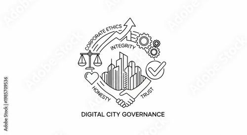 Conceptual illustration of digital city governance with ethics, integrity, honesty, and trust