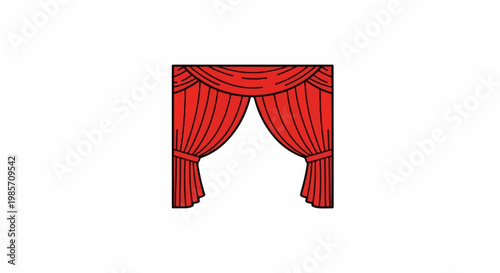 A red stage curtain with black outline, draped and gathered
