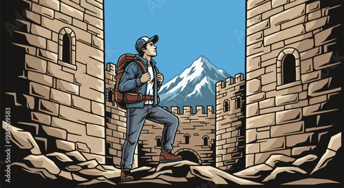 A hiker pauses at ancient stone fortifications, gazing at a snow-capped mountain