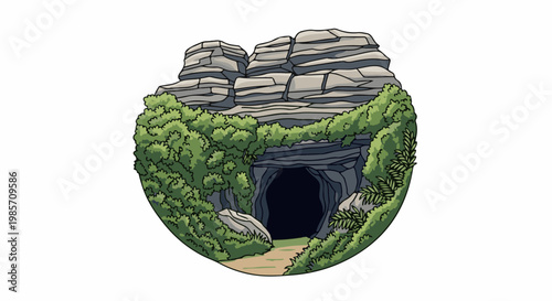 A hidden cave entrance veiled by lush green foliage and imposing rocky cliffs