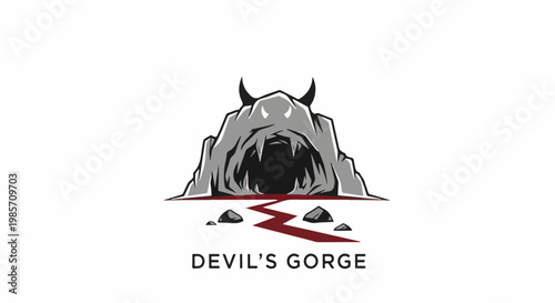 A jagged cave entrance with horns and sharp teeth, set in grey rock