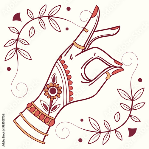 Sacred hand gesture with flower henna and leaves.
