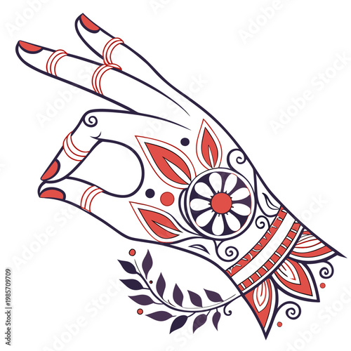 Decorated hand in mudra gesture on white background.