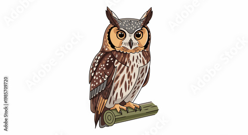 A pixelated, cartoonish owl with tufts and patterned feathers sits on a log