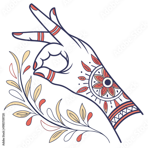 Zen mudra hand illustration with leafy branches.