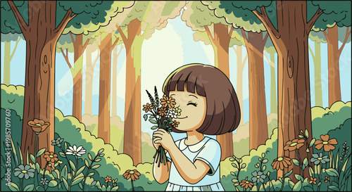 A joyful child smells wildflowers in a sun-dappled forest clearing