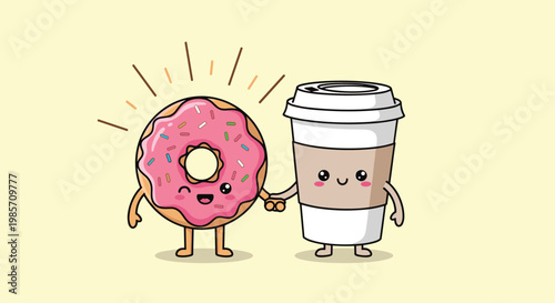 Cute cartoon illustration of a winking pink donut and a coffee cup character holding hands with a happy smile.