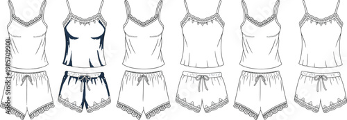 Lace trim camisole and shorts sleepwear set, delicate feminine lingerie designs, soft loungewear outfit sketch collection – vector illustration