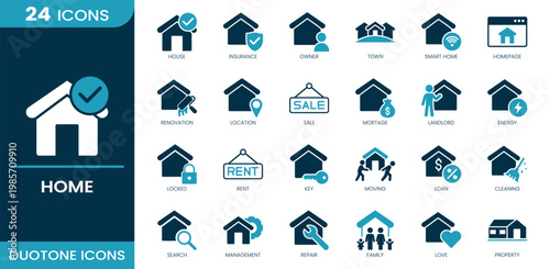 Home and real estate icon set. House, rent, mortgage, building, contract, key, apartment, sale, investment, landlord. Duotone vector icons.