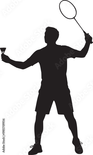 Badminton player silhouette holding racquet and shuttlecock
