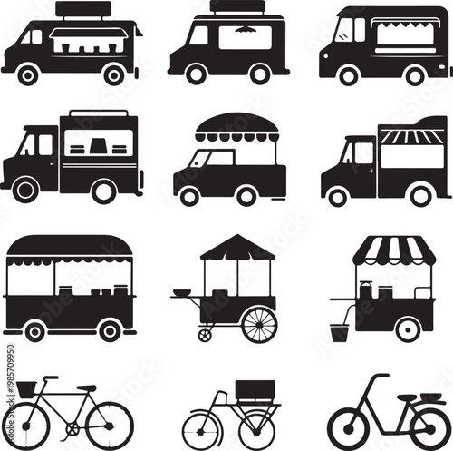 Food Vehicles, Truck, Van, Pushcart, Mono Set, Street Food and Fast Food