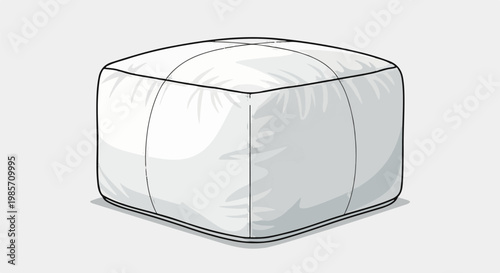 A line drawing depicts a plump, cube-shaped ottoman, outlined in black