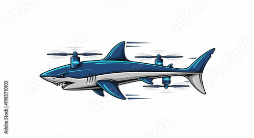 A cartoon shark with four propellers, appearing as a flying drone, depicted mid-flight