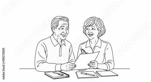 Elderly couple smiling and discussing papers at a desk