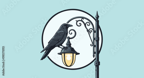 A dark bird perches on a vintage streetlamp inside a circular frame